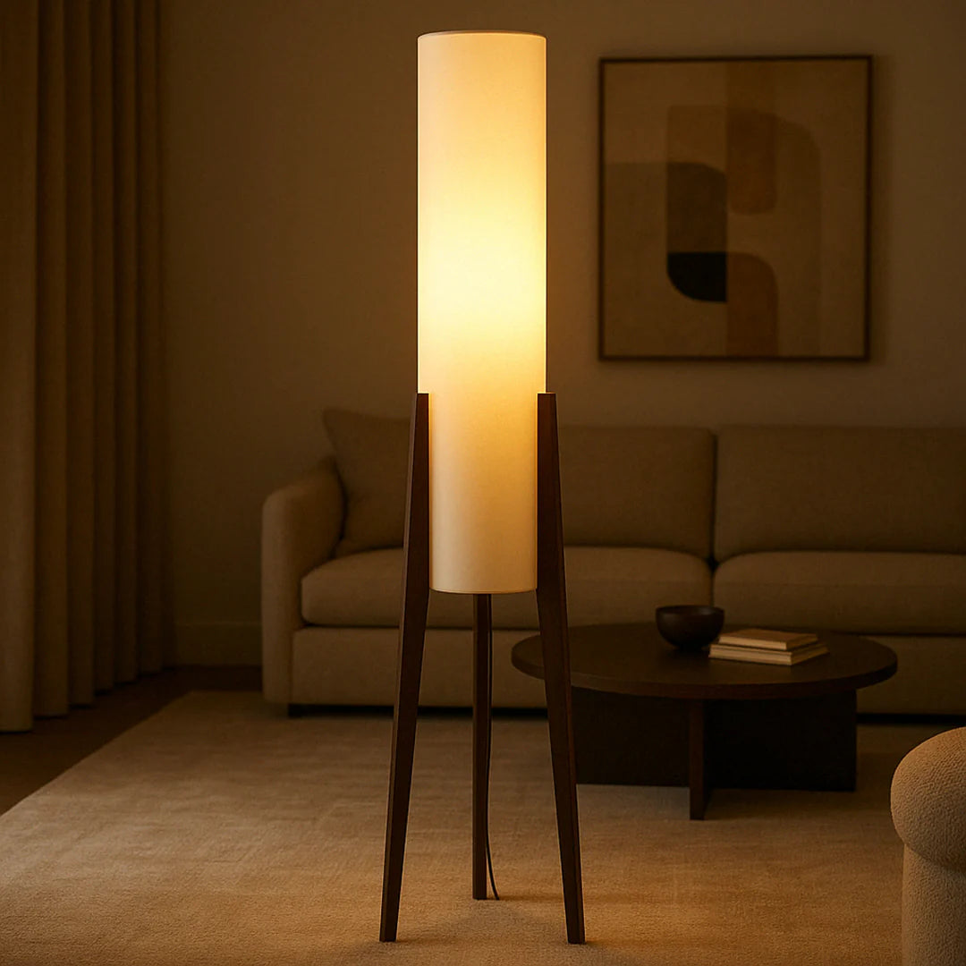 Solid Walnut Floor Lamp – Tripod Wood Base with Cylindrical Fabric Shade