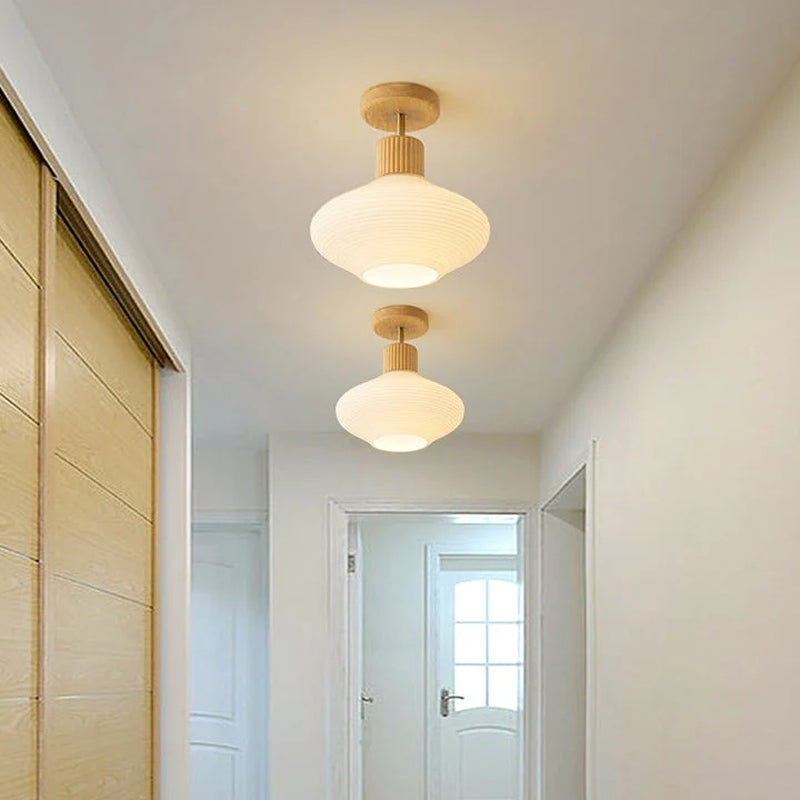 Moderne Japandi Plafondlamp – Walnoot & Hout Met Glazen Kap
