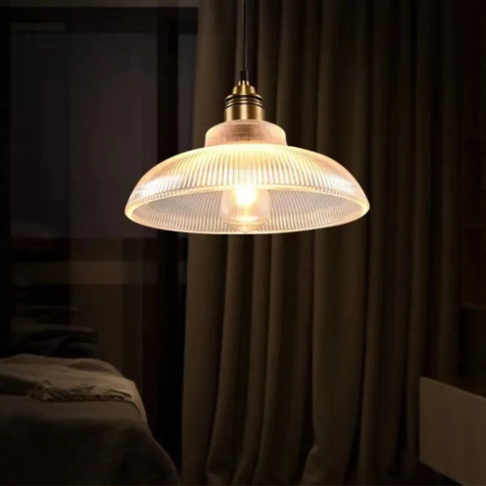 Retro Pendant Light with Ribbed Shade | Vintage Hanging Lamp for Dining & Living Room