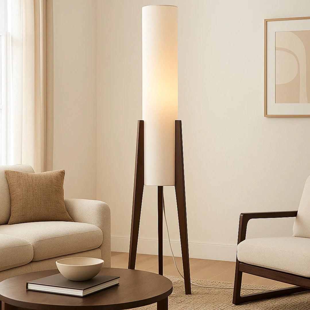 Solid Walnut Floor Lamp – Tripod Wood Base with Cylindrical Fabric Shade