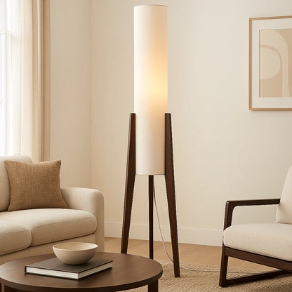 Solid Walnut Floor Lamp – Tripod Wood Base with Cylindrical Fabric Shade
