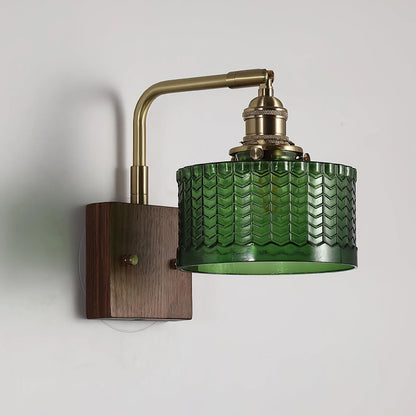 Camela Wall Lamp | Rustic Green Glass & Wood Sconce | Fish Scale Art Glass Lighting | E26/E27 LED or Incandescent | Living Room Bedroom Hallway