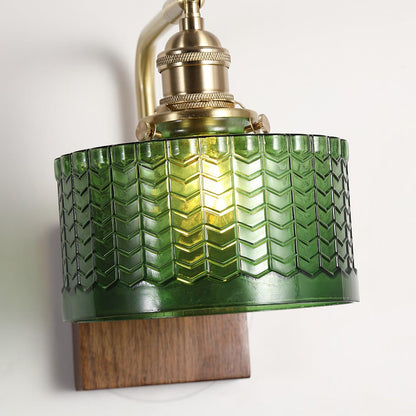 Camela Wall Lamp | Rustic Green Glass & Wood Sconce | Fish Scale Art Glass Lighting | E26/E27 LED or Incandescent | Living Room Bedroom Hallway