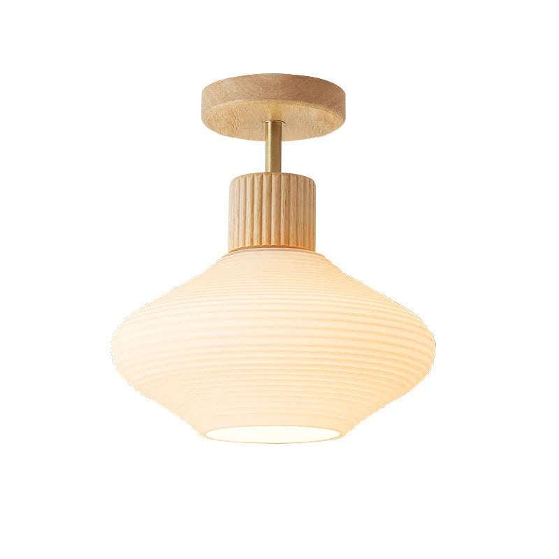 Moderne Japandi Plafondlamp – Walnoot & Hout Met Glazen Kap