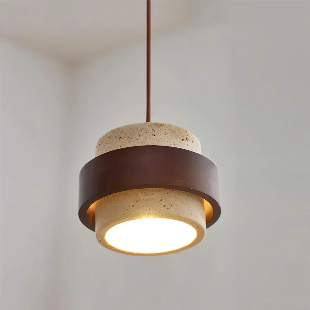 Travertine Stone Pendant Light with Walnut Accent Modern | Stonira