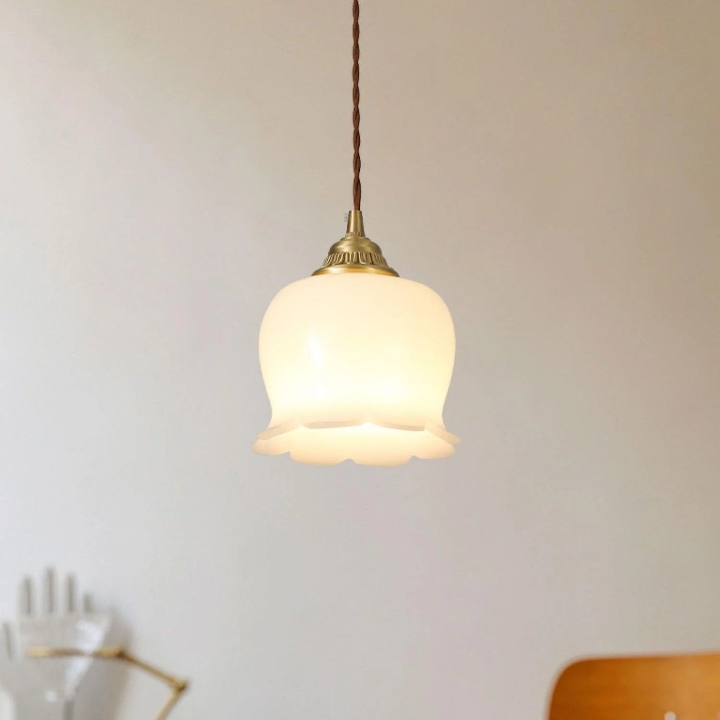 Luxora Cream Glass Flower Pendant Light, Brass Top Nordic Hanging Lamp