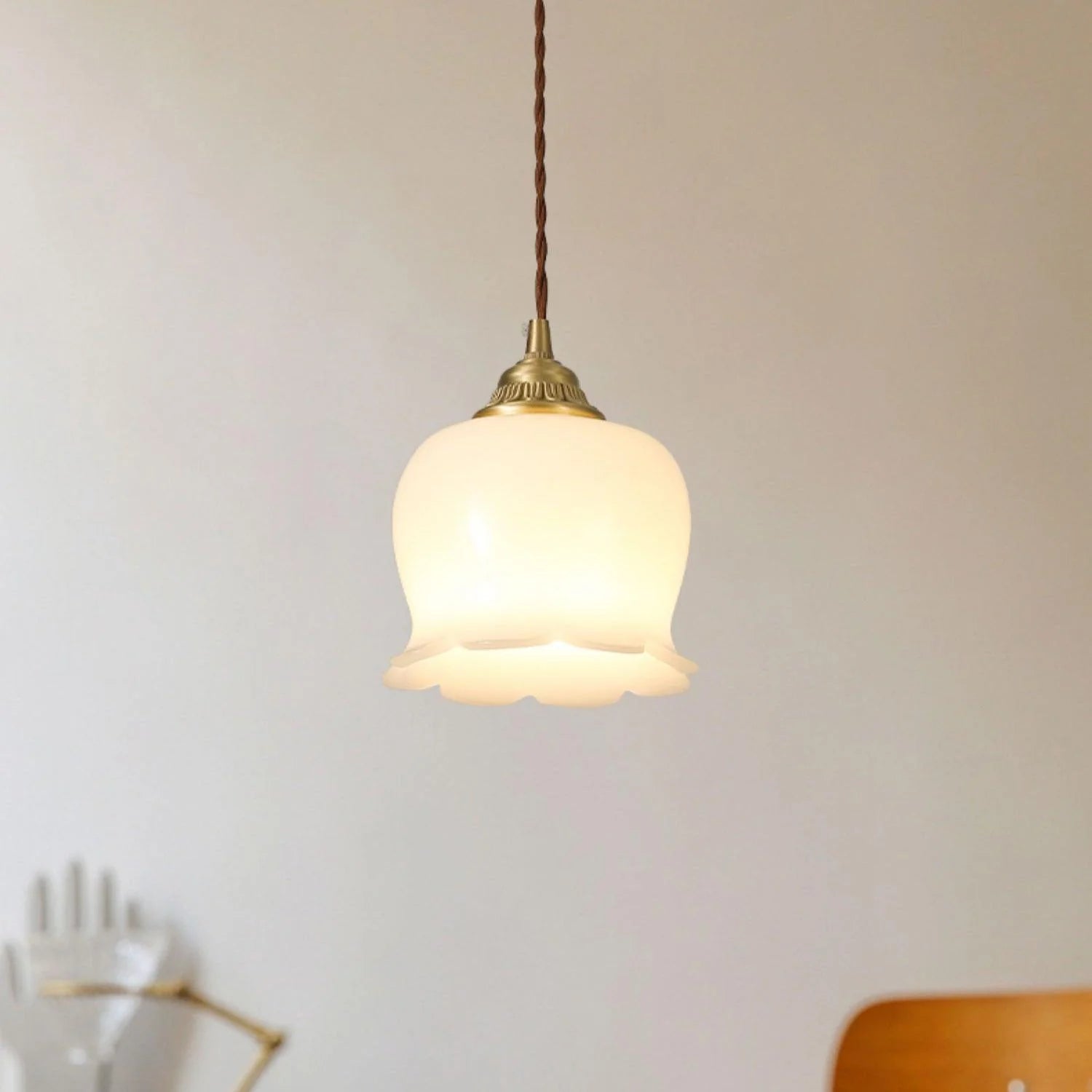 Luxora Cream Glass Flower Pendant Light, Brass Top Nordic Hanging Lamp