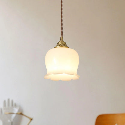 Luxora Cream Glass Flower Pendant Light, Brass Top Nordic Hanging Lamp