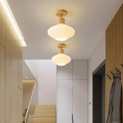 Moderne Japandi Plafondlamp – Walnoot & Hout Met Glazen Kap