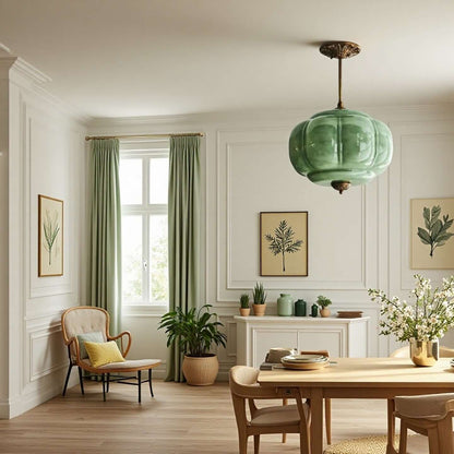Luxroyale Green Glass Pendant Lamp with Brass Accents