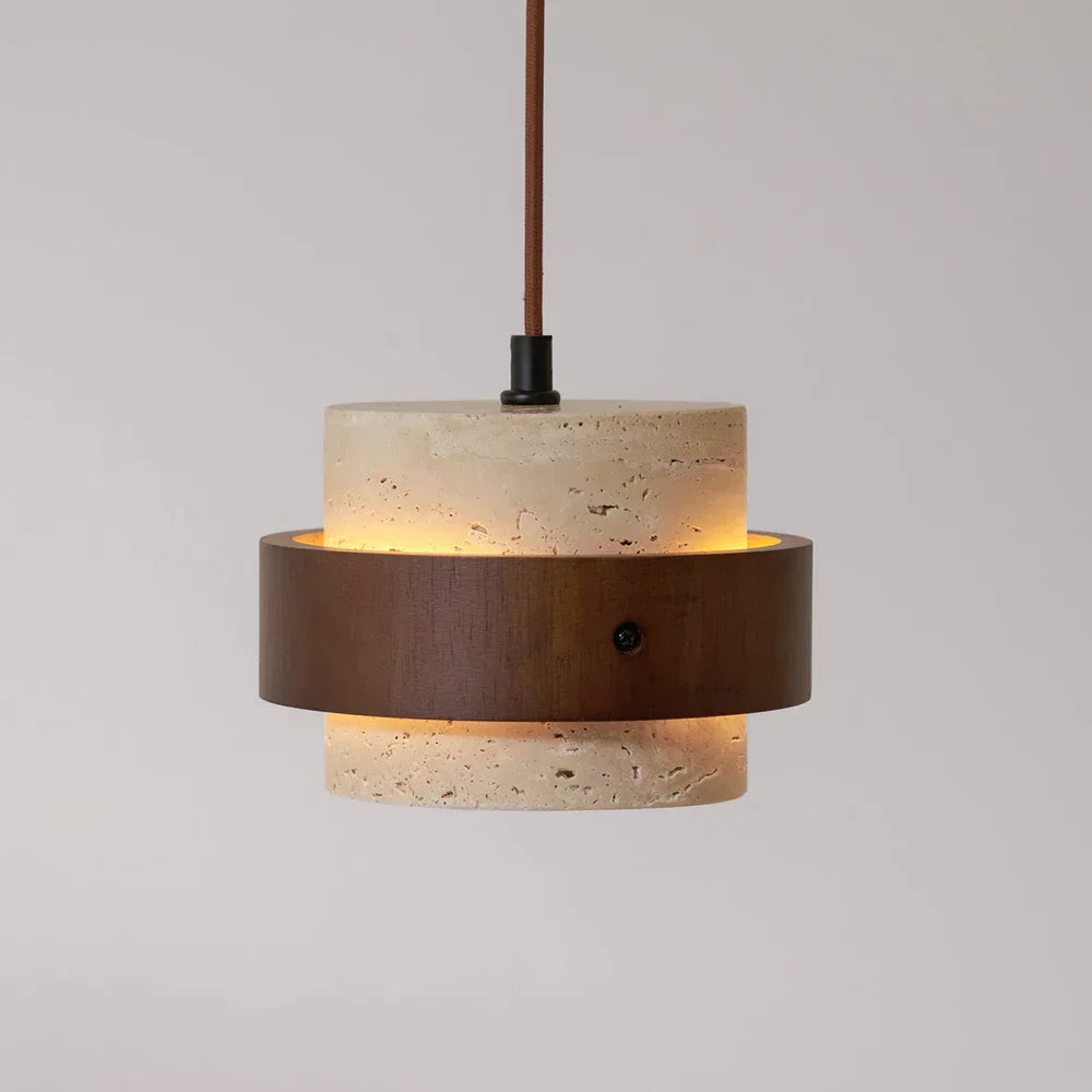 Travertine Stone Pendant Light with Walnut Accent Modern | Stonira