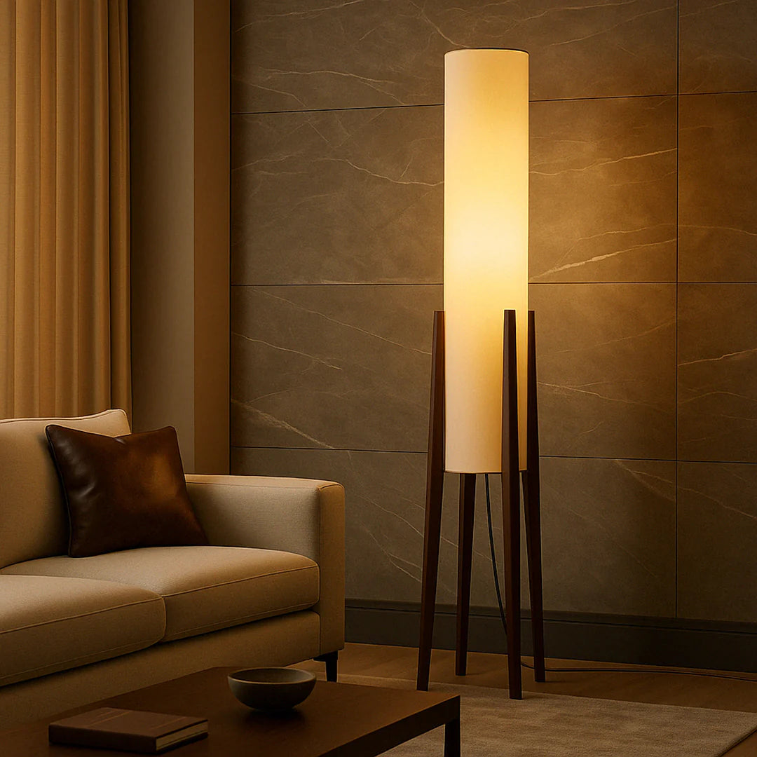 Solid Walnut Floor Lamp – Tripod Wood Base with Cylindrical Fabric Shade