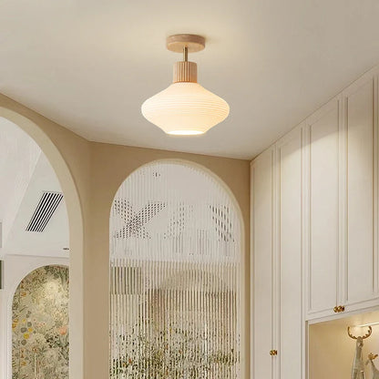 Moderne Japandi Plafondlamp – Walnoot & Hout Met Glazen Kap