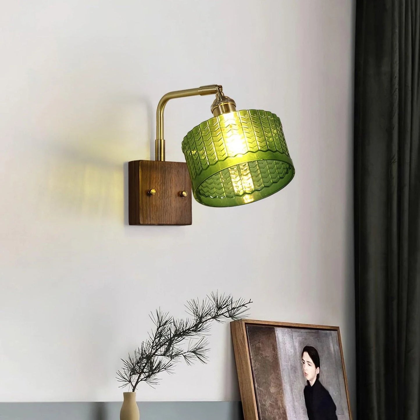 Camela Wall Lamp | Rustic Green Glass & Wood Sconce | Fish Scale Art Glass Lighting | E26/E27 LED or Incandescent | Living Room Bedroom Hallway