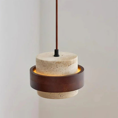 Travertine Stone Pendant Light with Walnut Accent Modern | Stonira