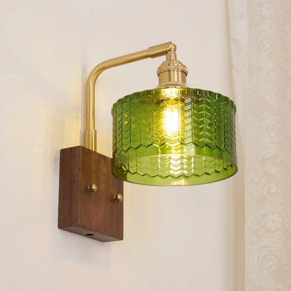 Camela Wall Lamp | Rustic Green Glass & Wood Sconce | Fish Scale Art Glass Lighting | E26/E27 LED or Incandescent | Living Room Bedroom Hallway