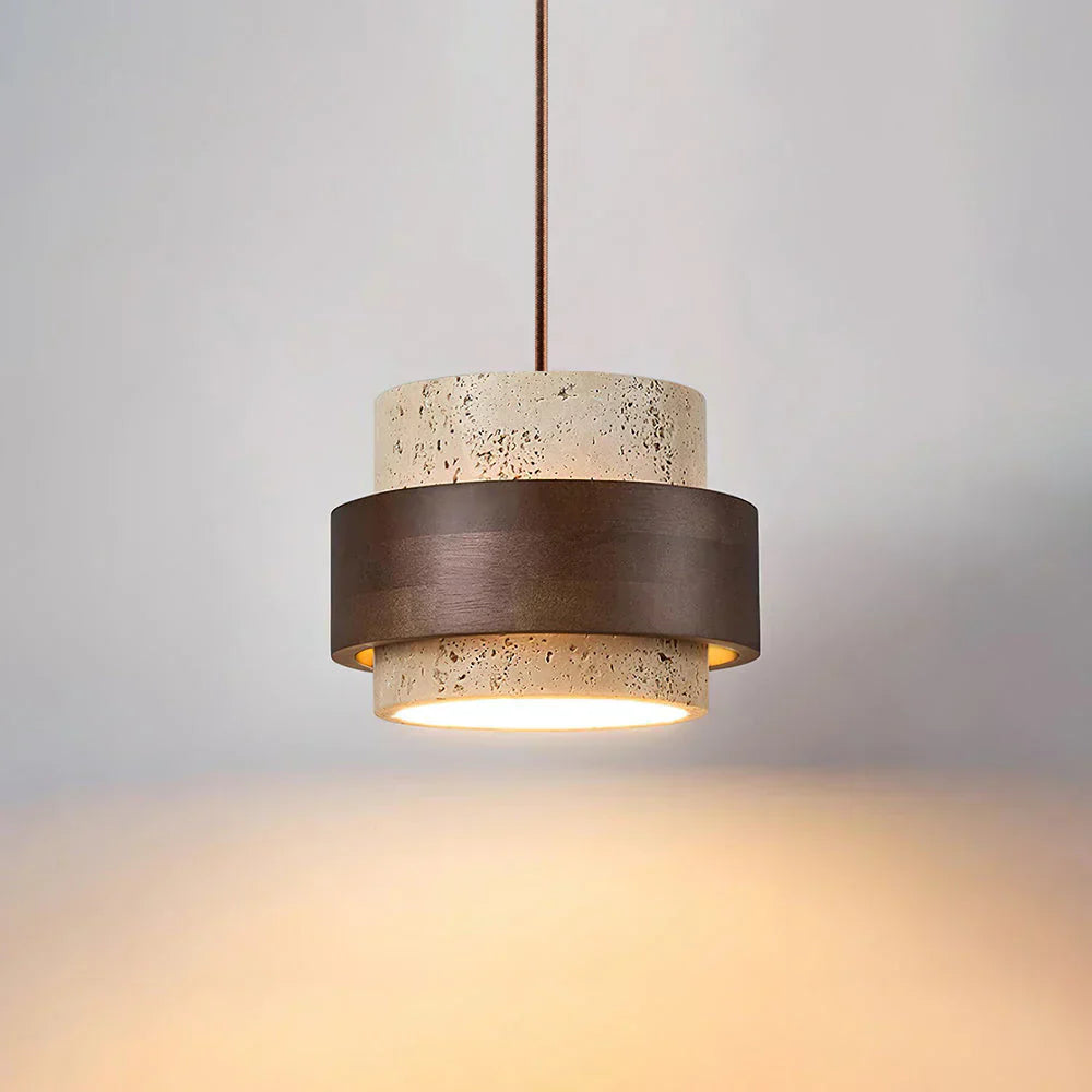 Travertine Stone Pendant Light with Walnut Accent Modern | Stonira