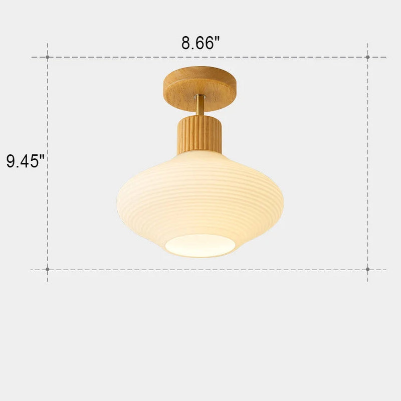 Moderne Japandi Plafondlamp – Walnoot & Hout Met Glazen Kap