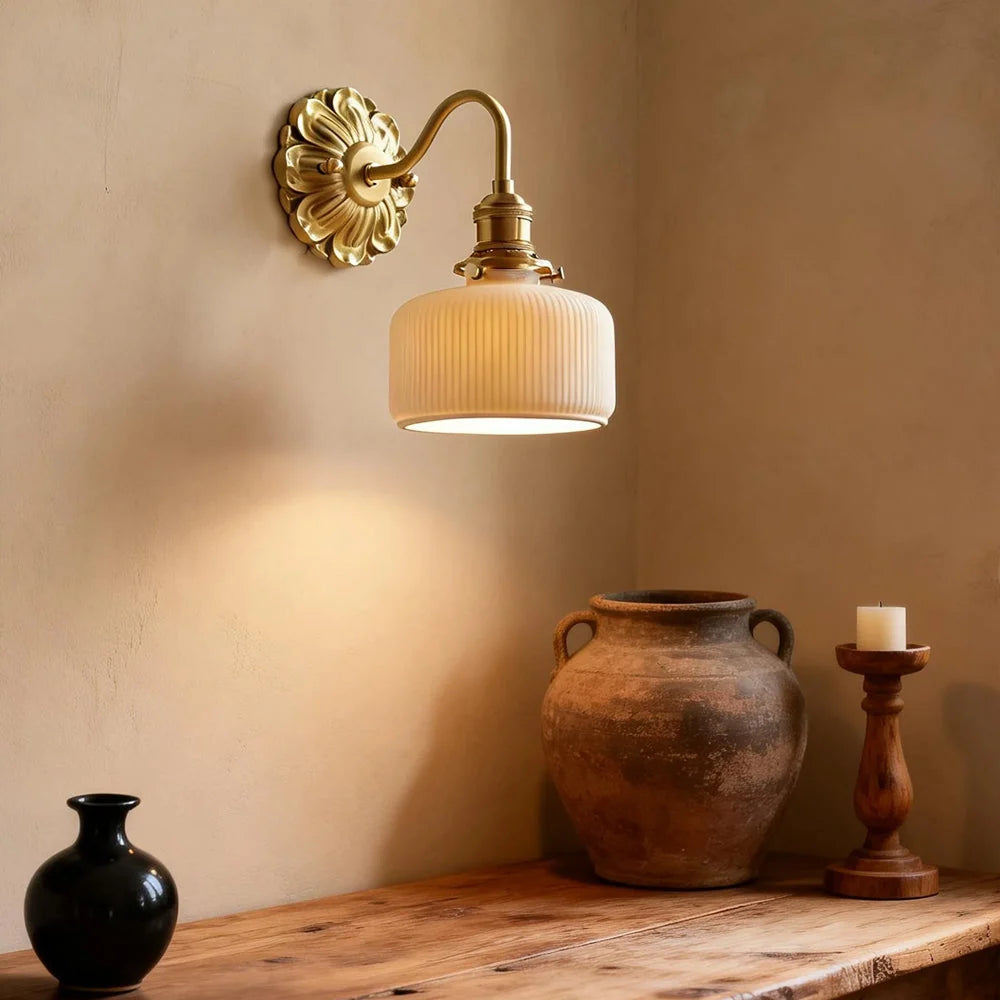 Luxroyale Mid-Century French Countryside Brass Ceramic Wall Lamp