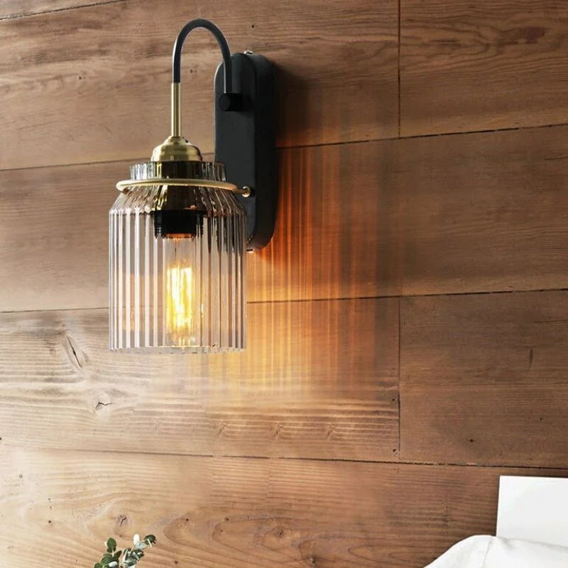 Vintage Wall Lamp with Ribbed Glass Shade