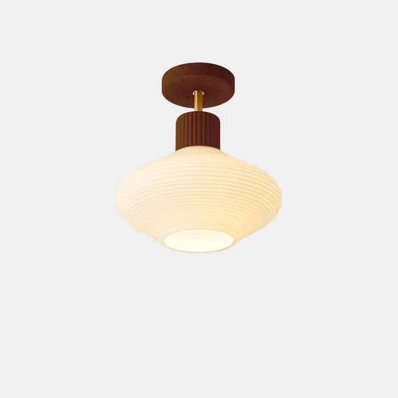 Moderne Japandi Plafondlamp – Walnoot & Hout Met Glazen Kap