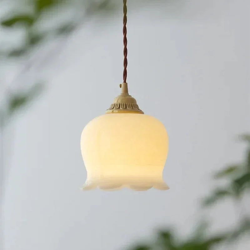 Luxora Cream Glass Flower Pendant Light, Brass Top Nordic Hanging Lamp