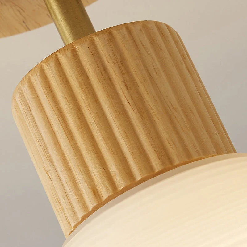 Moderne Japandi Plafondlamp – Walnoot & Hout Met Glazen Kap
