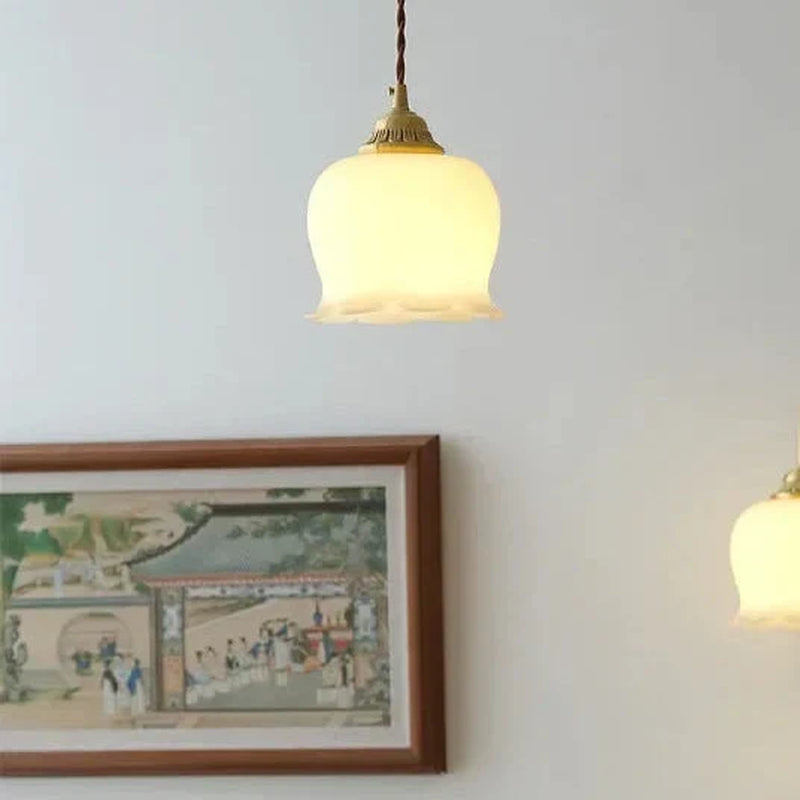 Luxora Cream Glass Flower Pendant Light, Brass Top Nordic Hanging Lamp