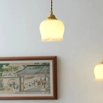 Luxora Cream Glass Flower Pendant Light, Brass Top Nordic Hanging Lamp