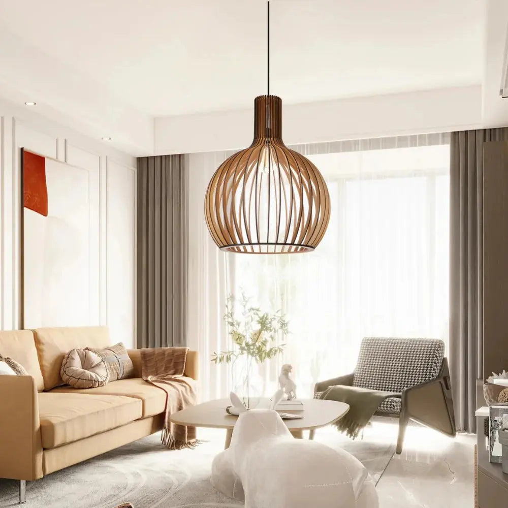Wooden Pendant Lamp – Scandinavian Open Design with Warm Ambient E27 Lighting