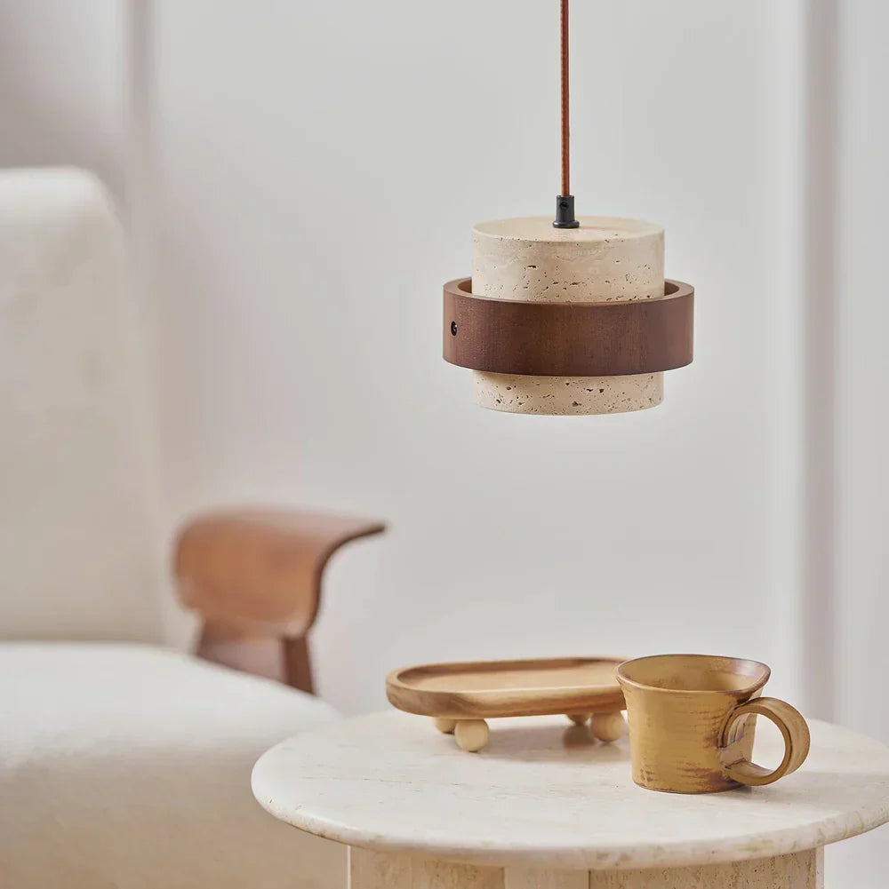Travertine Stone Pendant Light with Walnut Accent Modern | Stonira