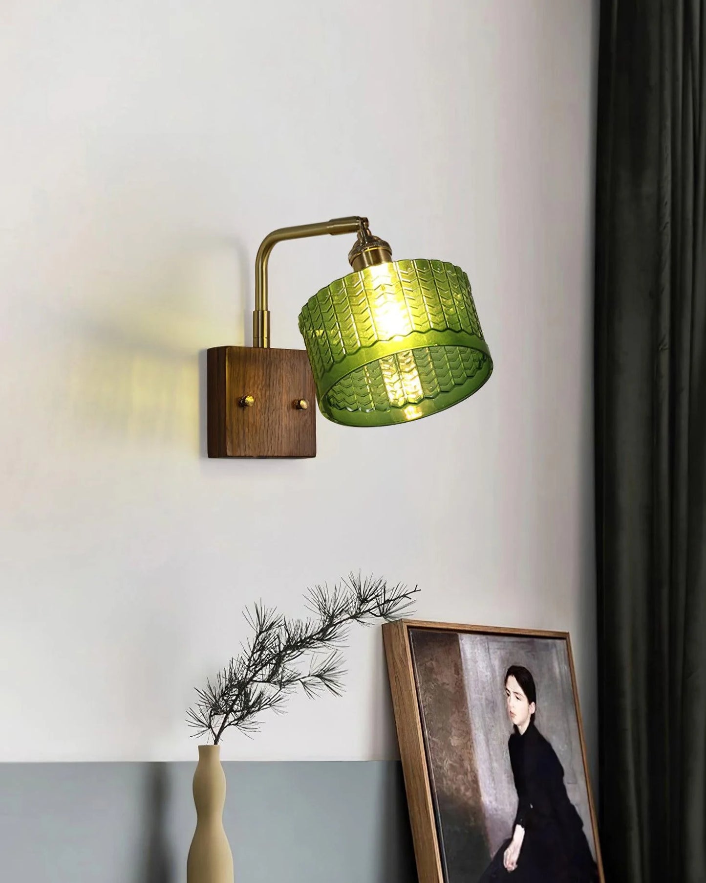 Camela Wall Lamp | Rustic Green Glass & Wood Sconce | Fish Scale Art Glass Lighting | E26/E27 LED or Incandescent | Living Room Bedroom Hallway