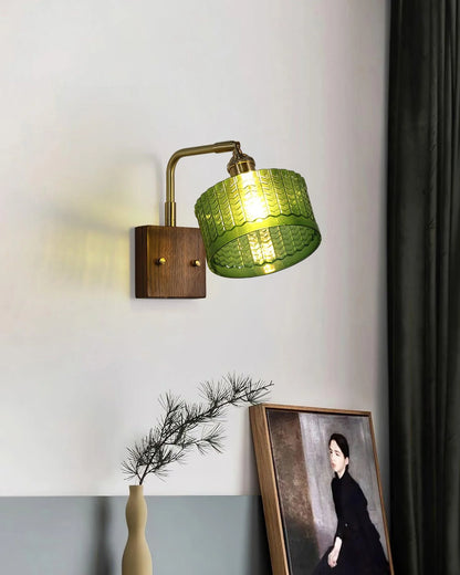 Camela Wall Lamp | Rustic Green Glass & Wood Sconce | Fish Scale Art Glass Lighting | E26/E27 LED or Incandescent | Living Room Bedroom Hallway