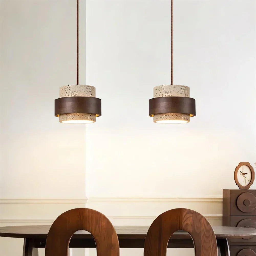 Travertine Stone Pendant Light with Walnut Accent Modern | Stonira