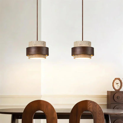 Travertine Stone Pendant Light with Walnut Accent Modern | Stonira