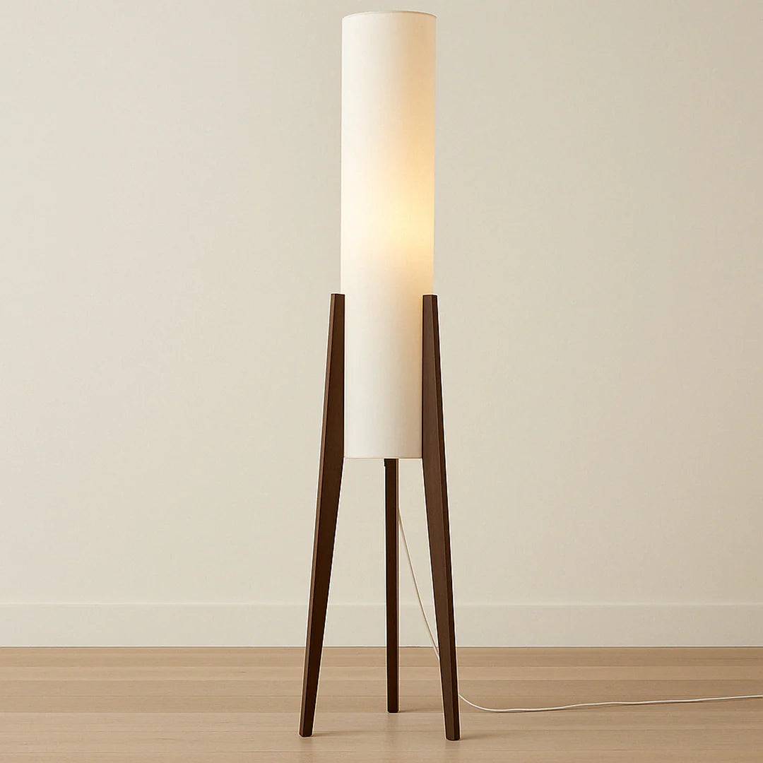 Solid Walnut Floor Lamp – Tripod Wood Base with Cylindrical Fabric Shade