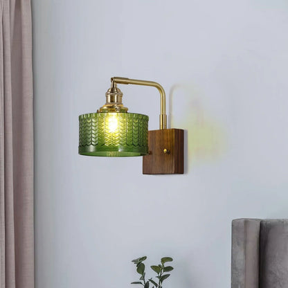 Camela Wall Lamp | Rustic Green Glass & Wood Sconce | Fish Scale Art Glass Lighting | E26/E27 LED or Incandescent | Living Room Bedroom Hallway