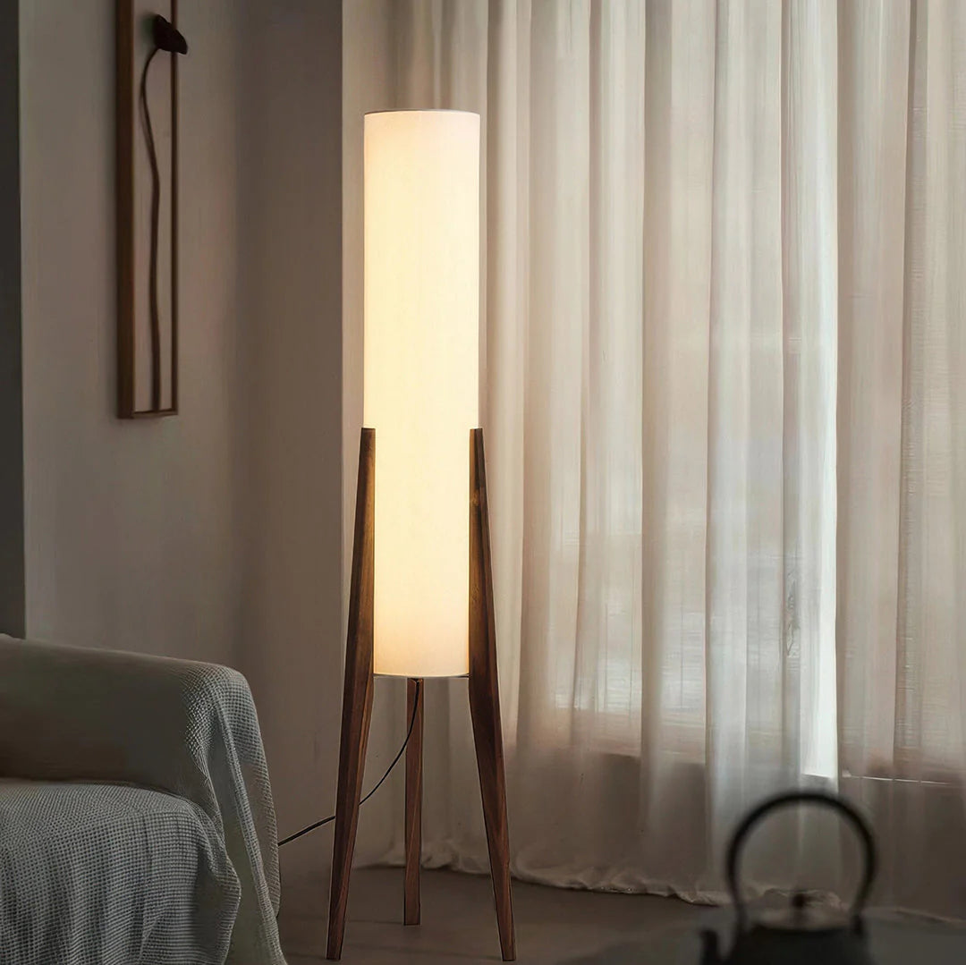 Solid Walnut Floor Lamp – Tripod Wood Base with Cylindrical Fabric Shade