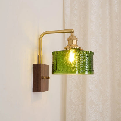 Camela Wall Lamp | Rustic Green Glass & Wood Sconce | Fish Scale Art Glass Lighting | E26/E27 LED or Incandescent | Living Room Bedroom Hallway