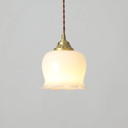 Luxora Cream Glass Flower Pendant Light, Brass Top Nordic Hanging Lamp