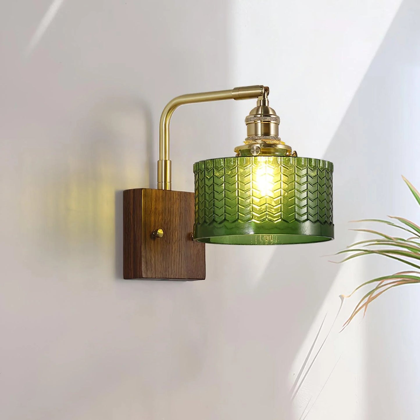 Camela Wall Lamp | Rustic Green Glass & Wood Sconce | Fish Scale Art Glass Lighting | E26/E27 LED or Incandescent | Living Room Bedroom Hallway