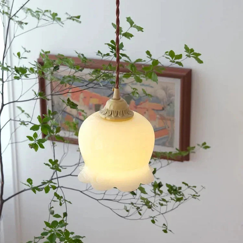 Luxora Cream Glass Flower Pendant Light, Brass Top Nordic Hanging Lamp