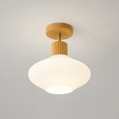 Moderne Japandi Plafondlamp – Walnoot & Hout Met Glazen Kap