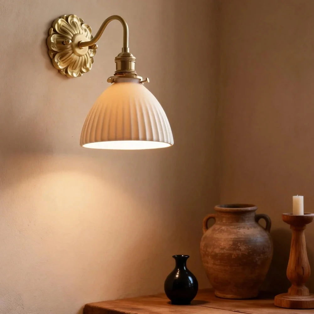 Luxroyale Mid-Century French Countryside Brass Ceramic Wall Lamp