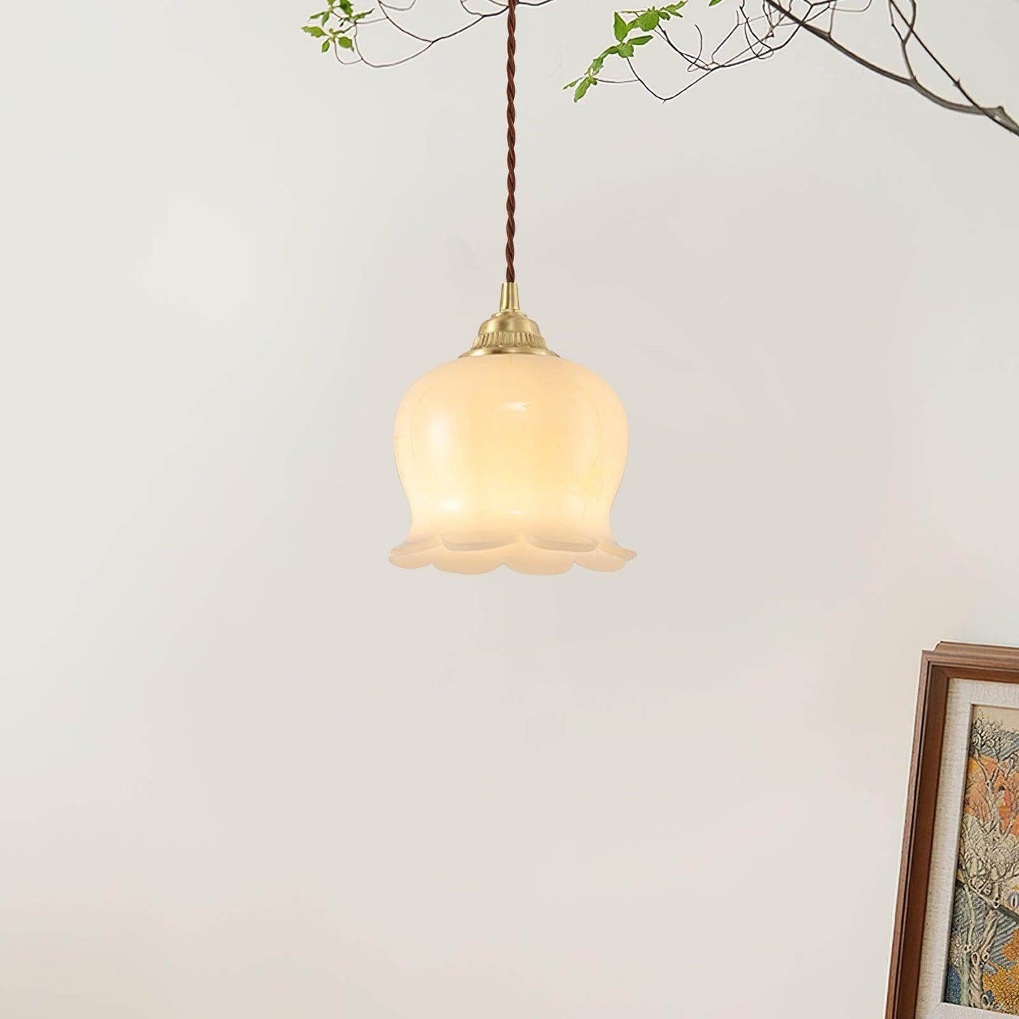 Luxora Cream Glass Flower Pendant Light, Brass Top Nordic Hanging Lamp