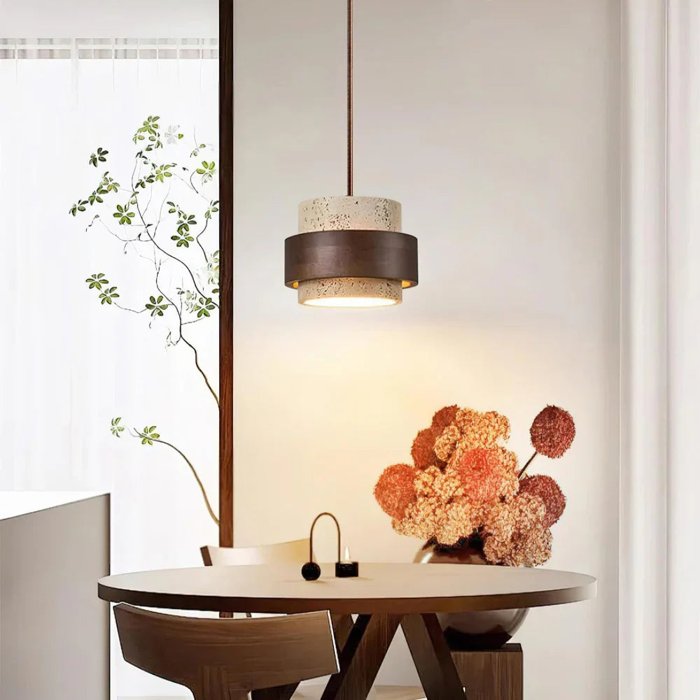 Travertine Stone Pendant Light with Walnut Accent Modern | Stonira
