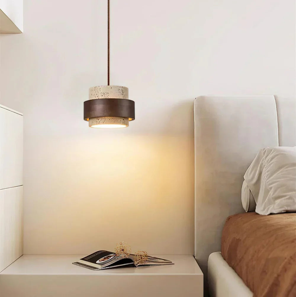 Travertine Stone Pendant Light with Walnut Accent Modern | Stonira