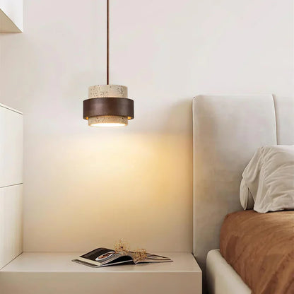 Travertine Stone Pendant Light with Walnut Accent Modern | Stonira