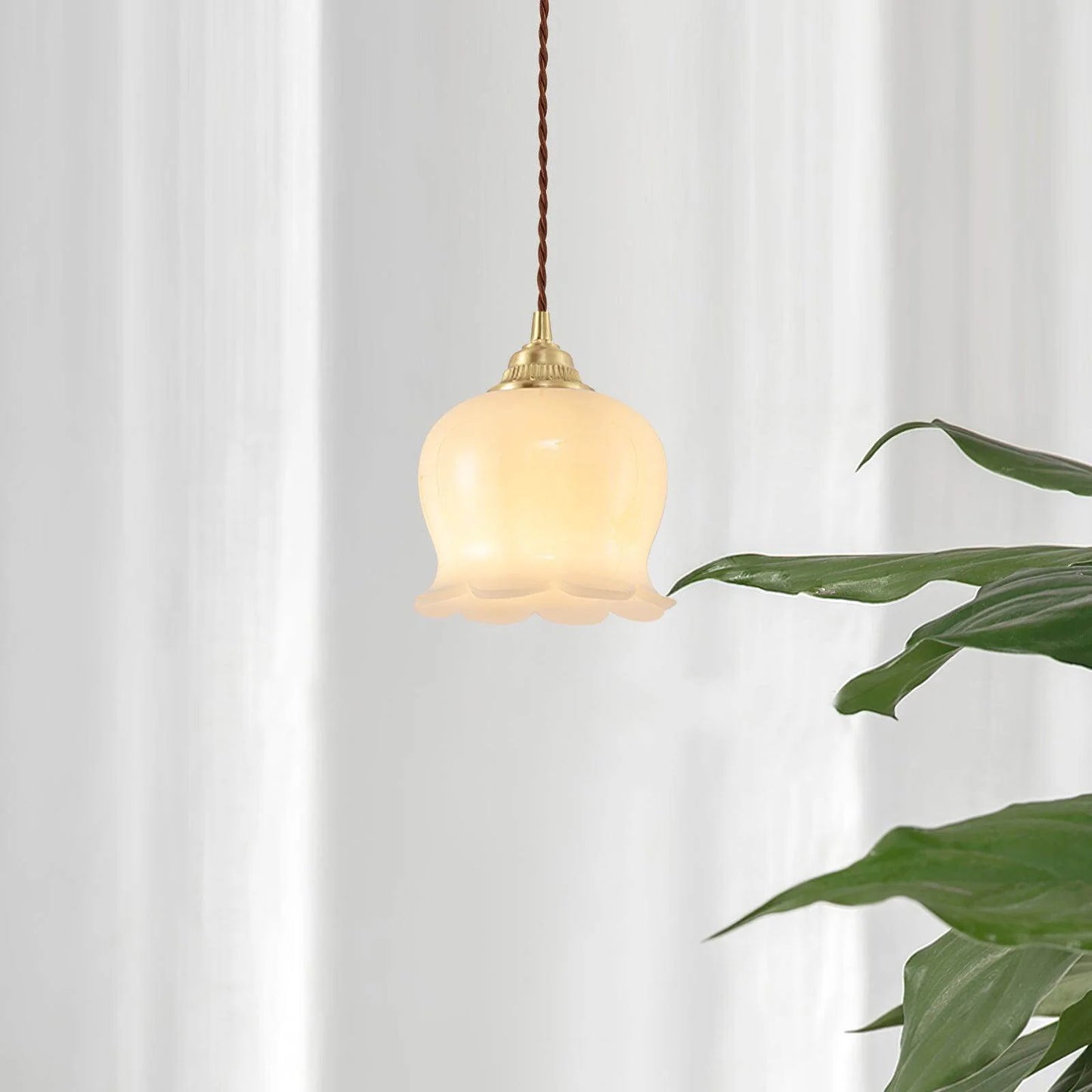 Luxora Cream Glass Flower Pendant Light, Brass Top Nordic Hanging Lamp