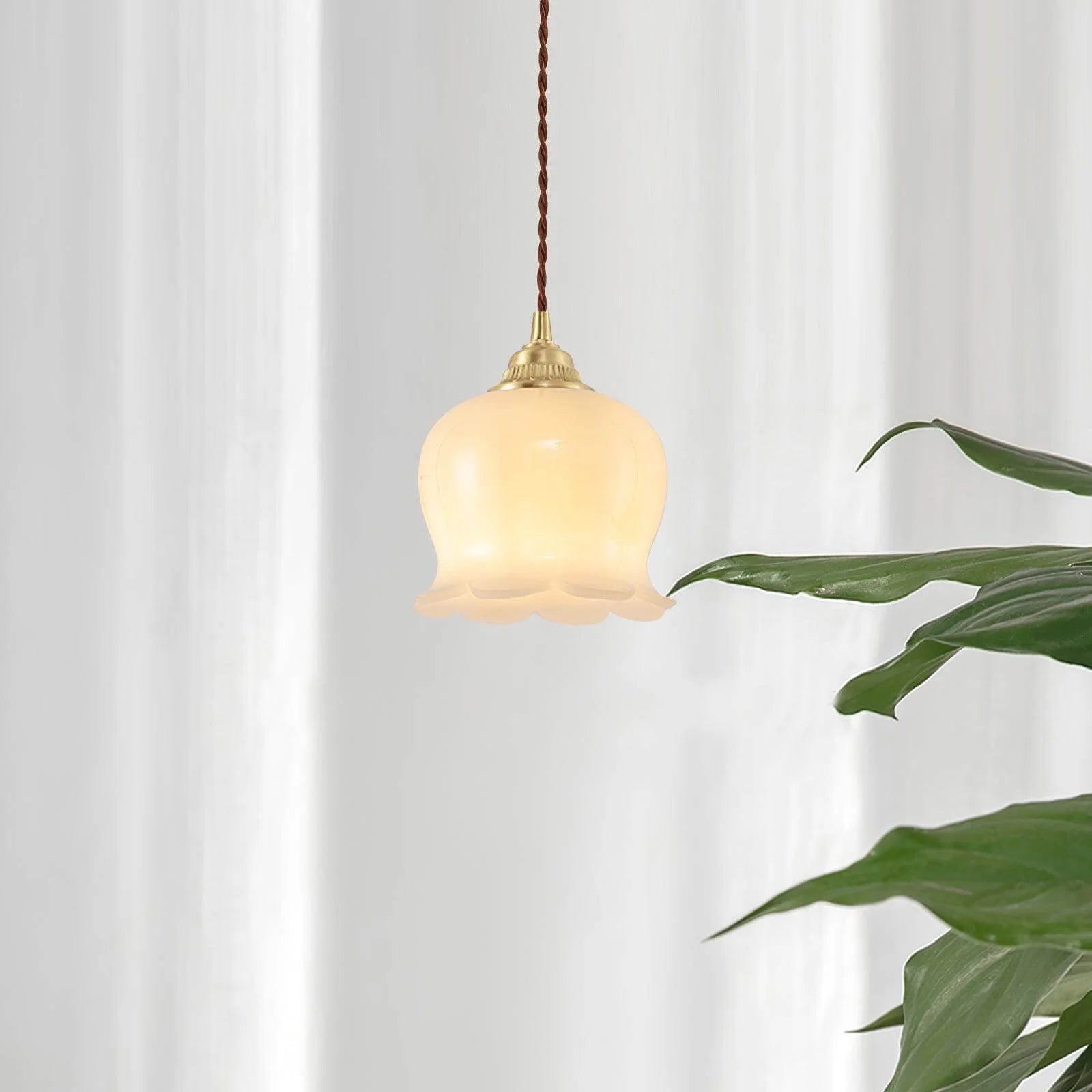 Luxora Cream Glass Flower Pendant Light, Brass Top Nordic Hanging Lamp